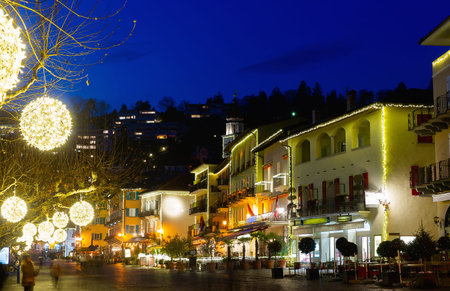 Townscape of Ascona in eveningの写真素材