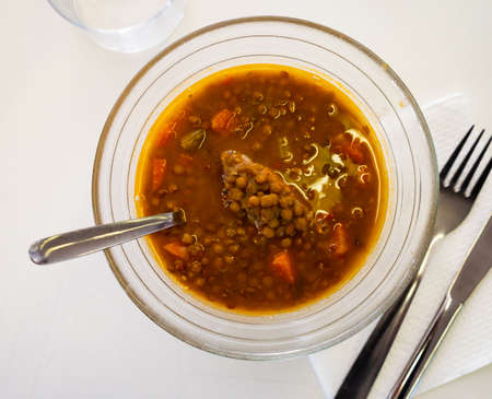 Just cooked Spanish lentil soup, sopa de lentejasの写真素材