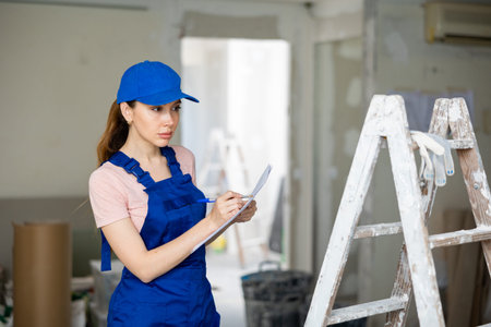 Woman architect checking plan of renovating apartment
