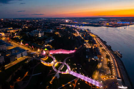 Aerial photo of Nizhny Novgorod at nightの写真素材
