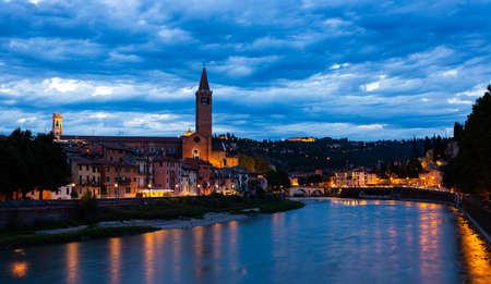 Night cityscape of Italian city Veronaの写真素材
