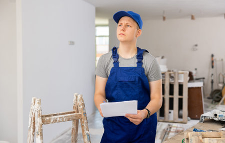 Hardworking fifteen-year-old worker makes notes on paper