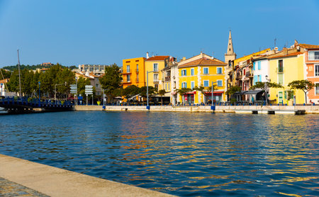 Residential buildings and Canal Baussengue in Martiguesの写真素材