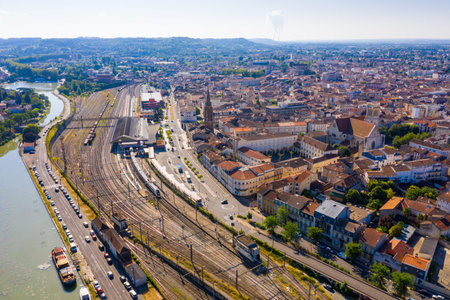 Agen cityscape with railroad tracksの写真素材