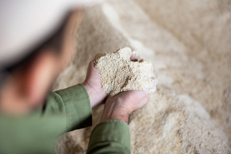 Male farmer checks the quality of cornmeal in an animal feed warehouseの写真素材