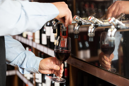 Hands of bartender pouring red wine from tapの写真素材