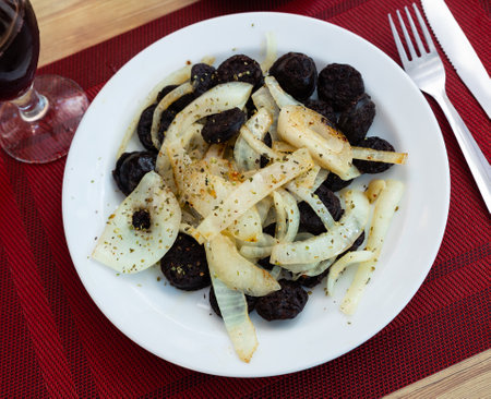 Morcilla con cebolla - traditional Spanish sausage from blood closeupの写真素材