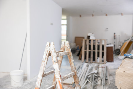 Stepladder in construction site inside apartmentの写真素材