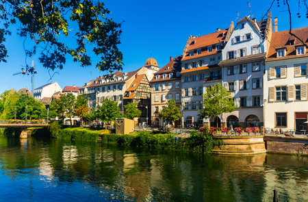 Summer landscape overlooking the streets and canals of Strasbourgの写真素材