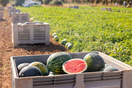 Crate with harvest of watermelons on farm field in summerの写真素材