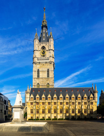 Belfry of Ghent under deep blue skyの写真素材