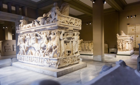 Istanbul, Turkey - January 01, 2021: Interior and exhibits of the main building of the Archaeological Museum in Istanbulのeditorial素材