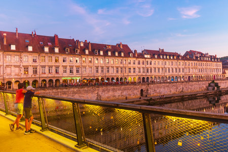 Photo of Doubs River embankment in Besancon in evening, Franceのeditorial素材