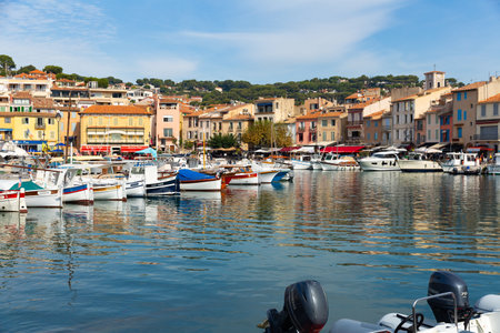 Cassis embankment on Mediterranean coast with marina, Franceのeditorial素材