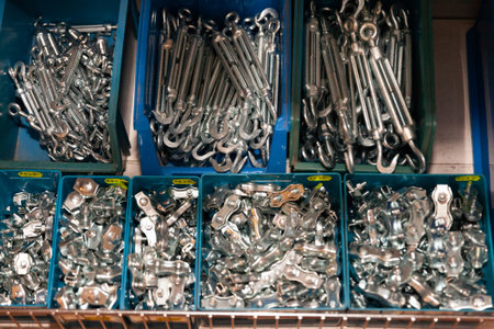 Boxes with building hardware in a hardware storeの写真素材