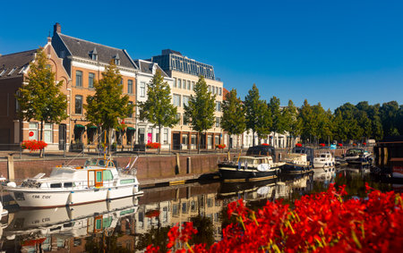 Stately mansions mirrored in a harbor, Breda. Netherlandsのeditorial素材