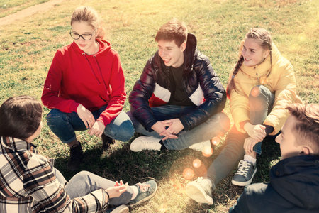 Cheerful teens sitting on green lawn and talking