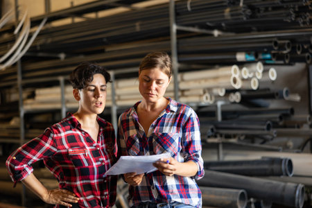 Women working in warehouse, checking documentsの写真素材