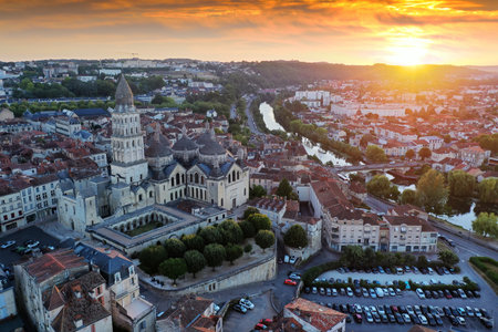 View of french city Perigueux at dawnの写真素材