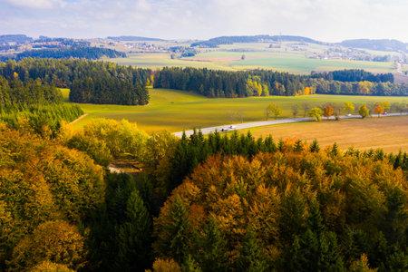 Picturesque autumn landscape with road between the hills.の写真素材