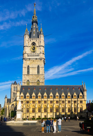 Ghent, Belgium - August 06, 2022: View of square with Het Belfort van Gentのeditorial素材
