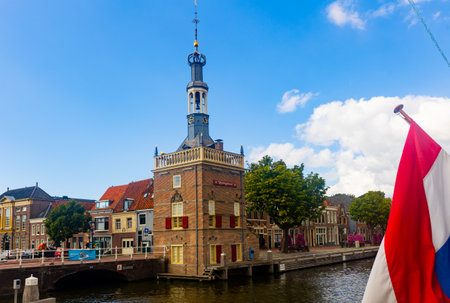 Alkmaar cityscape with Accijnstoren excise tower on bank of Werronkenoord canalのeditorial素材