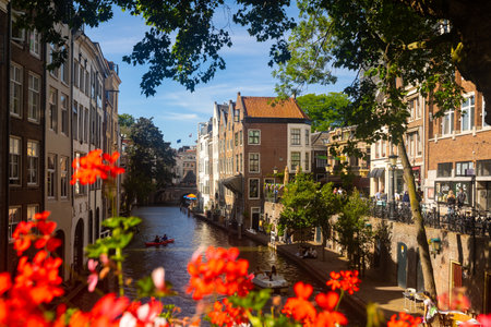 Utrecht, Netherlands - August 09, 2022: Traditional houses along a canal in Utrechtのeditorial素材