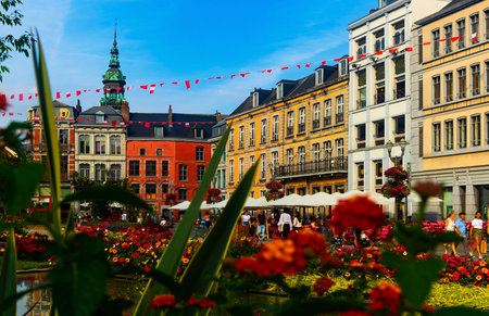 Mons - cafes and restaurants at central square Gran Place. Province of Hainaut. Belgiumの写真素材