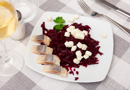 Appetizing beetroot with cheese and herringの写真素材