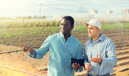 Owner of farm indicates with his hand to hired worker where to do work