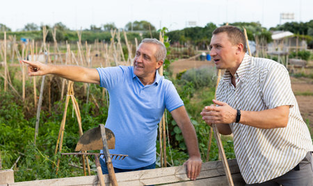 Two male gardeners talking near wooden fence in gardenの写真素材