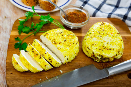 Fried cottage cheese with turmeric. Traditional Lithuanian dish