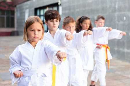 Children are standing in the fighting stance karateの写真素材