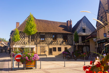 Shops and diners along street of Aubigny-sur-Nere, France