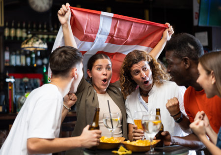 Excited multiracial sport fans with flag of Switzerland with pint of beer and chips in the pubの写真素材