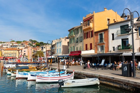 Cassis, France - September 27, 2021: Boats and yachts are moored at pier in port of Cassis. South of Franceのeditorial素材