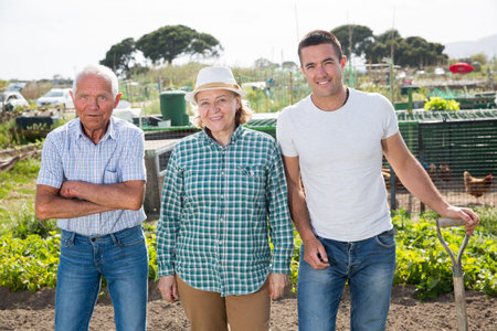 Young man and mature couple before dripping potatoes by shovel