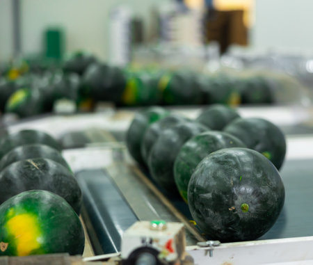 Abundance of watermelons on conveyer belt lineの写真素材