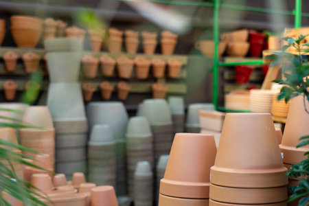Ceramic flower pots for sale in home decor shopの写真素材