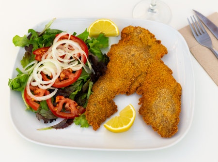 Portion of breaded cutlet, milanesa, with salad served on tableの写真素材