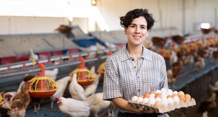 Smiling adult latin woman in plaid shirt and cap collecting eggs in chicken farmの写真素材