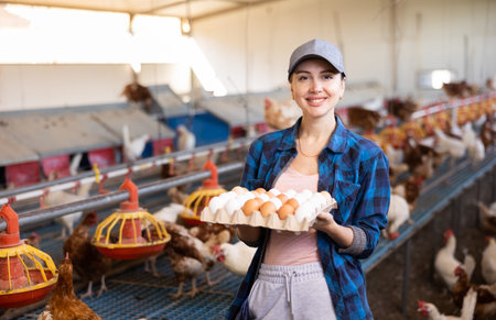 Successful female poultry farm owner holding carton tray of eggsの写真素材
