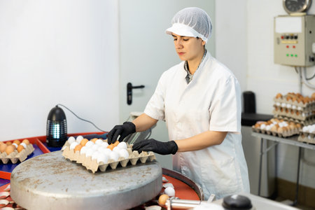 Adult experienced latin woman sorting eggs in chicken farmの写真素材