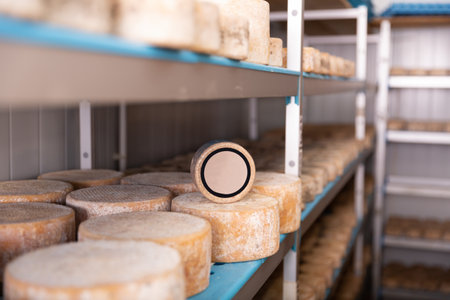 Heads of goat cheese in maturing storehouse, one wheel with copyspaceの写真素材