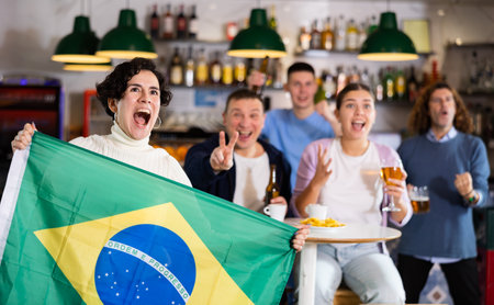 Company of emotional young adult fans supporting sports team of Brazil with state flag while resting with beer in barの写真素材