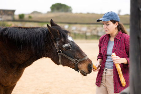 Woman brushing, taking on walkの写真素材
