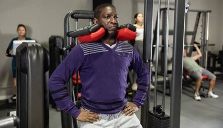 African man doing exercises on calf raise machine in gym
