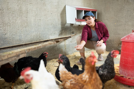 Young female farmer feeding hensの写真素材