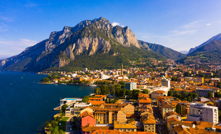 Italian city of Lecco on shore of Lake Comoの写真素材