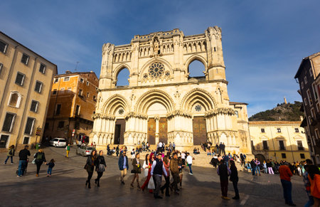 Cuenca, Spain - April 11, 2022: Stone building in gothic style, main facade. Cathedral of Cuenca. Spainのeditorial素材